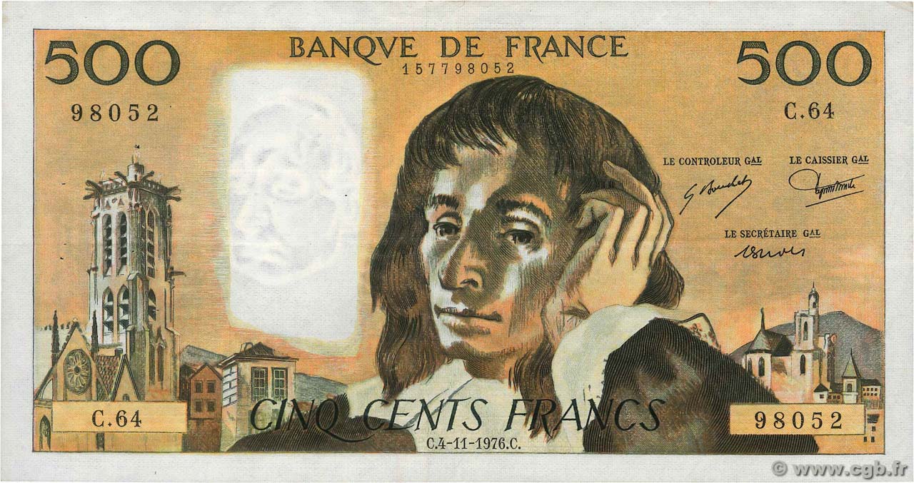 500 Francs PASCAL FRANCE  1976 F.71.15 TTB