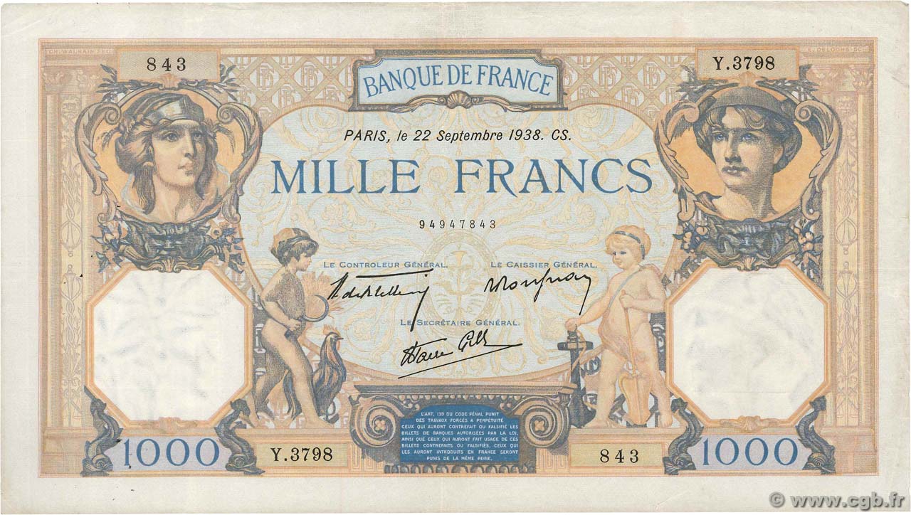 1000 Francs CÉRÈS ET MERCURE type modifié FRANCE  1938 F.38.27 pr.TTB