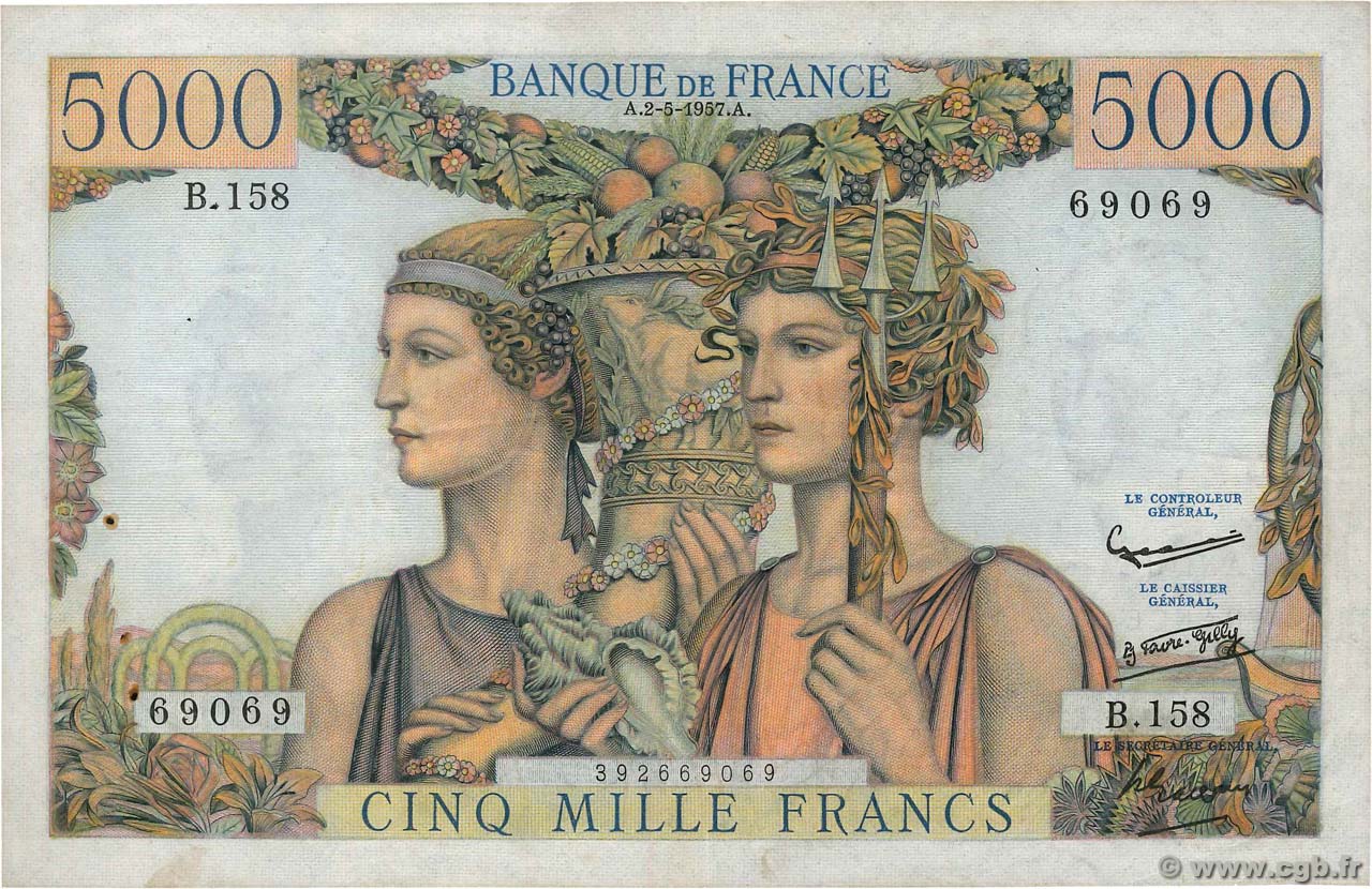 5000 Francs TERRE ET MER Numéro spécial FRANCE  1957 F.48.14 pr.TTB