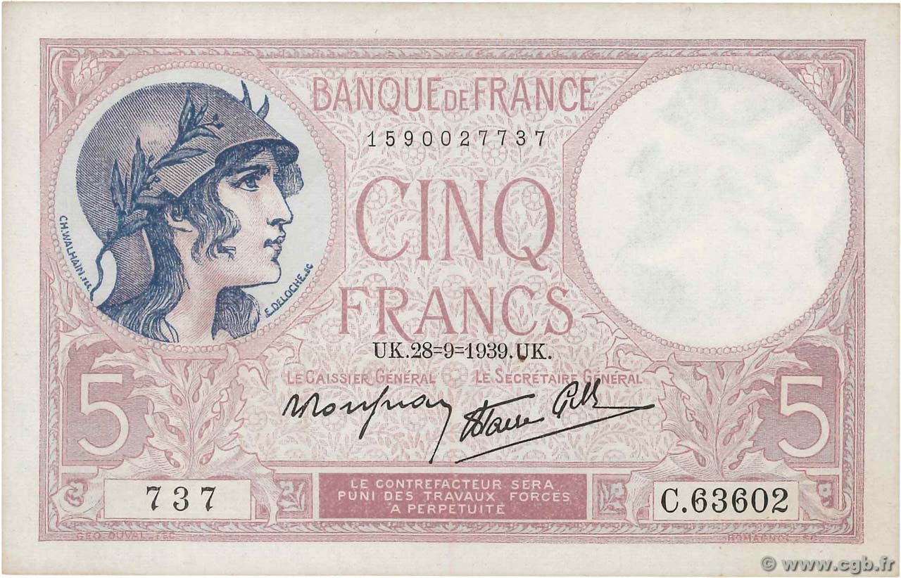 5 Francs FEMME CASQUÉE modifié FRANCE  1939 F.04.10 SPL+