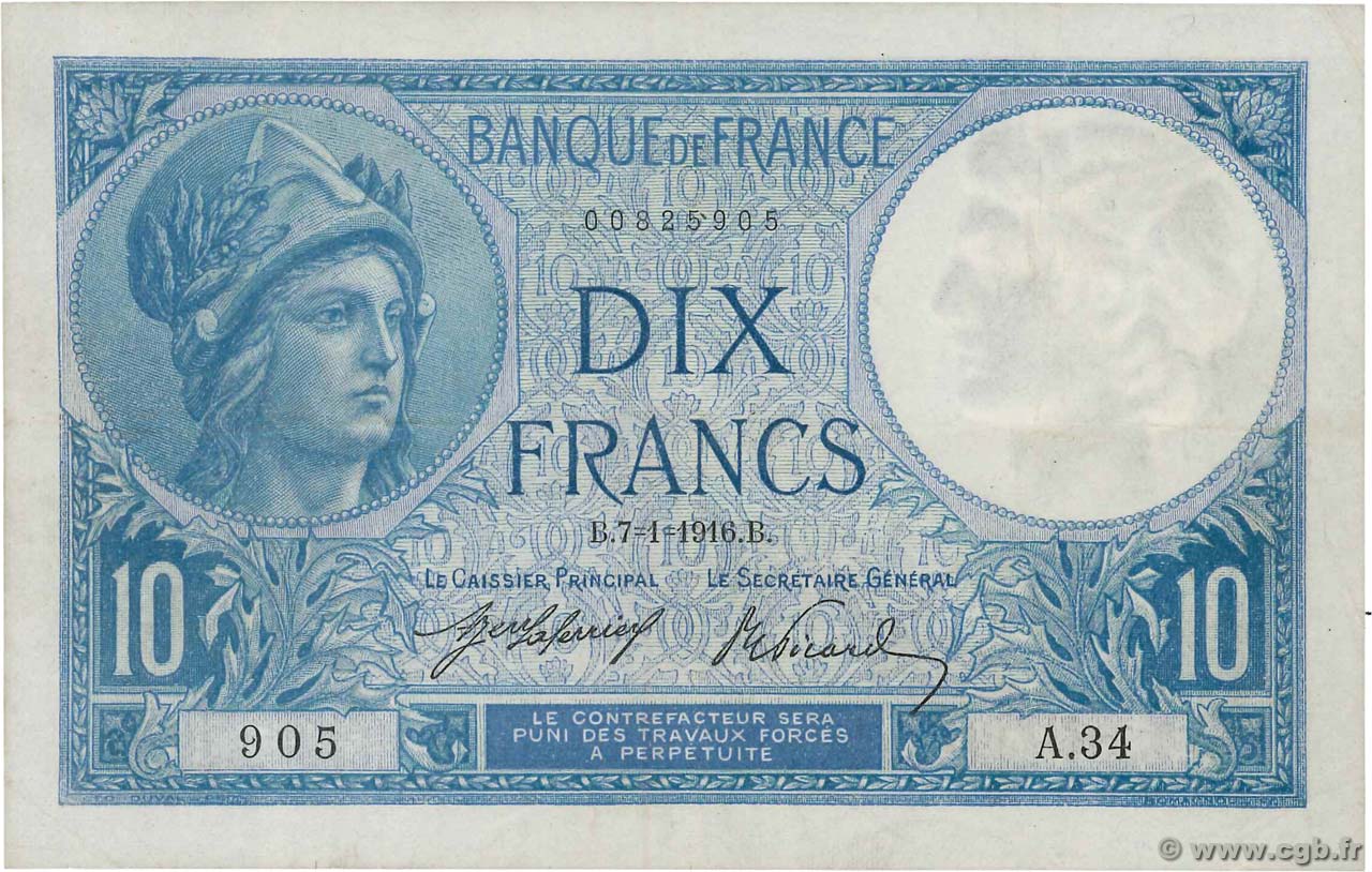 10 Francs MINERVE FRANCIA  1916 F.06.01 MBC