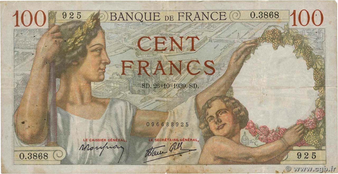 100 Francs SULLY FRANCE  1939 F.26.12 B+