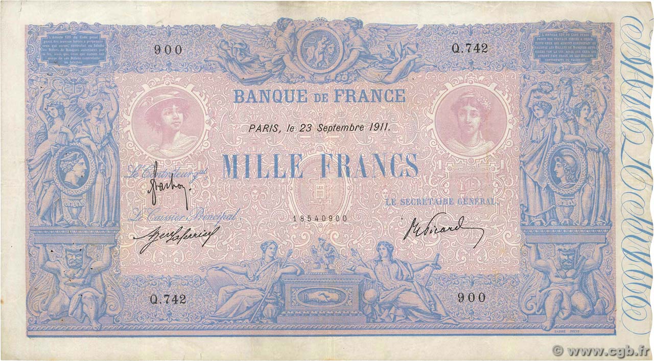 1000 Francs BLEU ET ROSE FRANCE  1911 F.36.25 TB+
