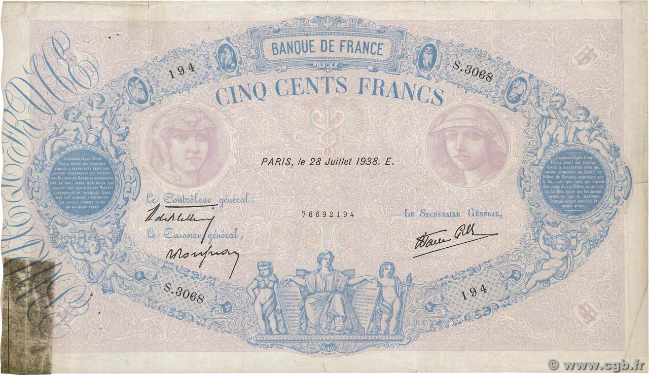 500 Francs BLEU ET ROSE modifié FRANCE  1938 F.31.19 TB