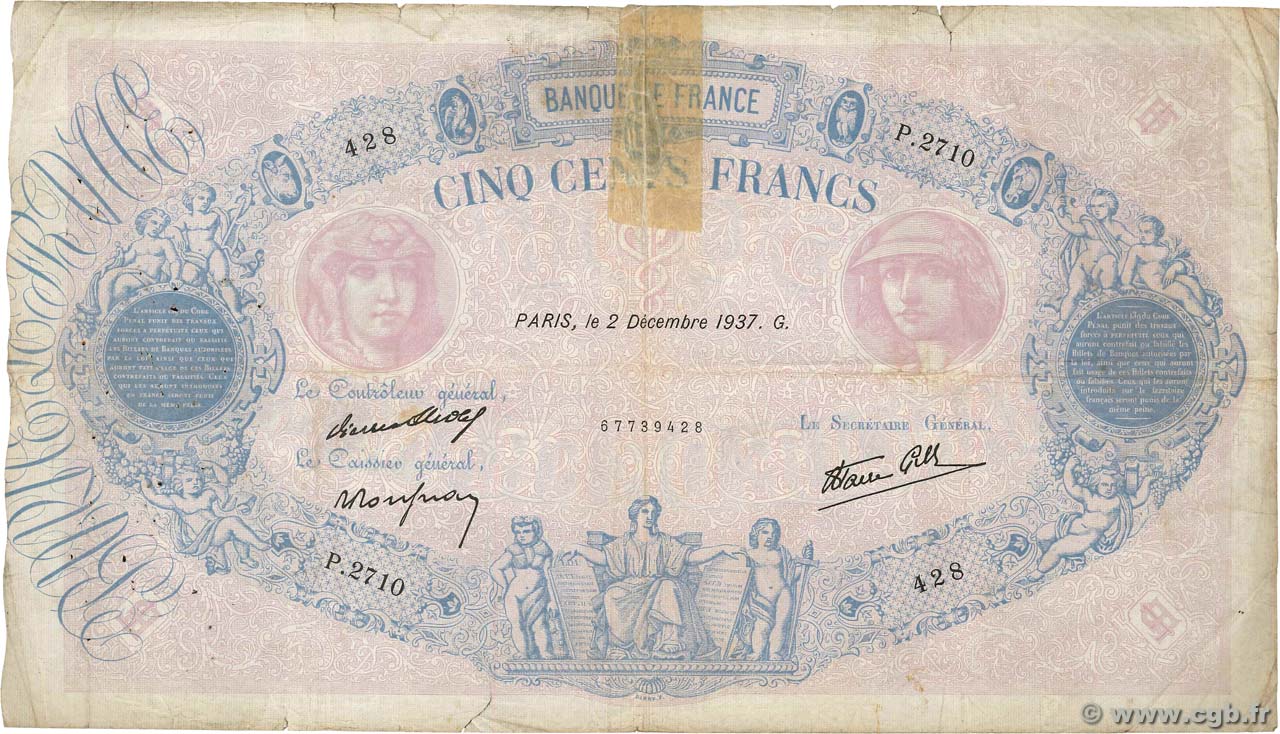500 Francs BLEU ET ROSE modifié FRANCE  1937 F.31.04 B+