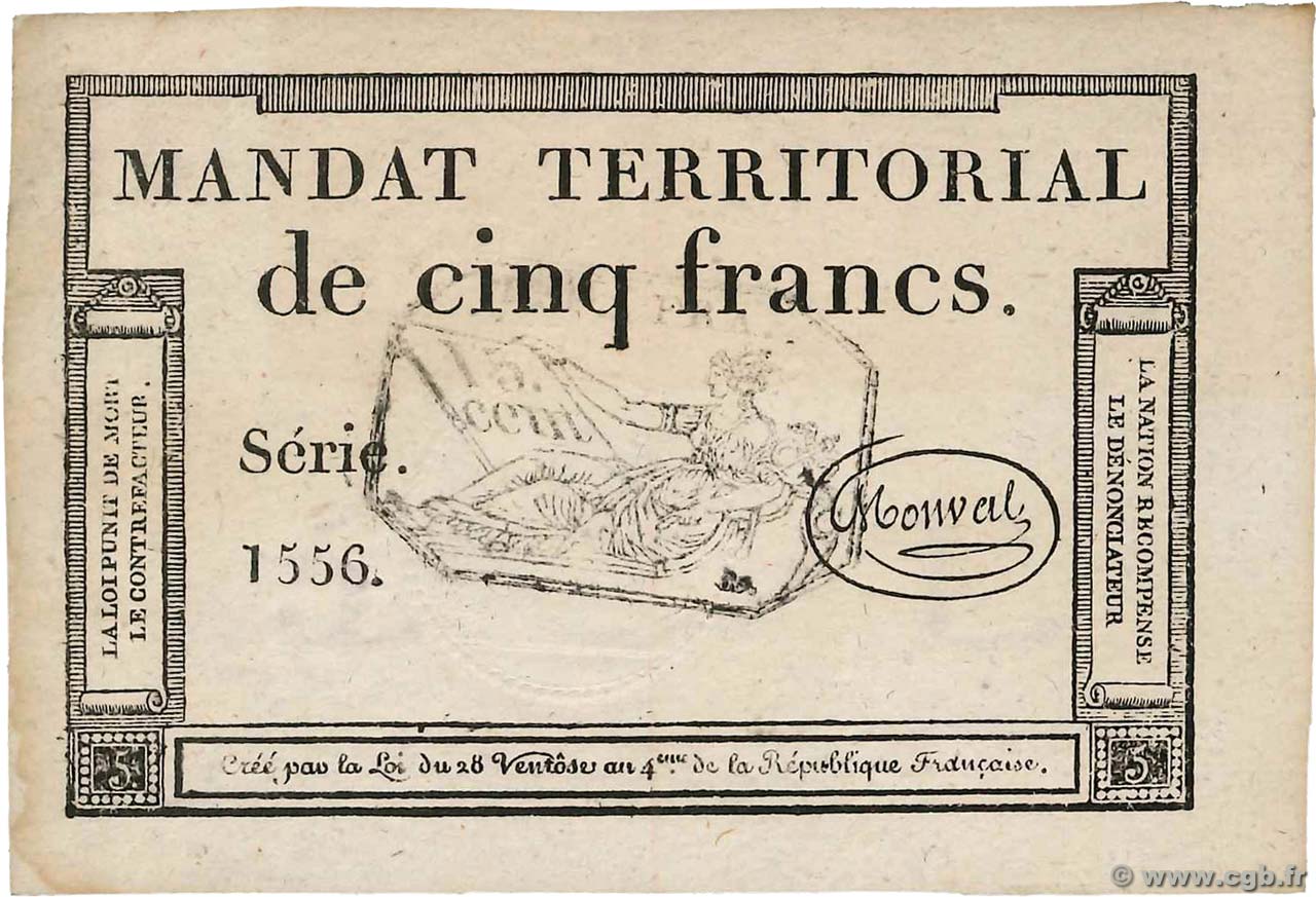 5 Francs Monval cachet noir FRANCE  1796 Ass.63b SUP
