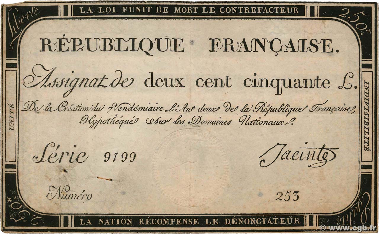 250 Livres FRANKREICH  1793 Ass.45a S