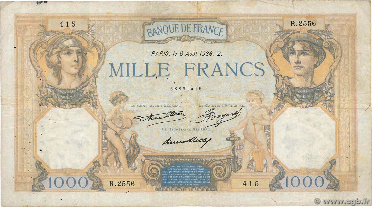 1000 Francs CÉRÈS ET MERCURE FRANCE  1936 F.37.09 B+