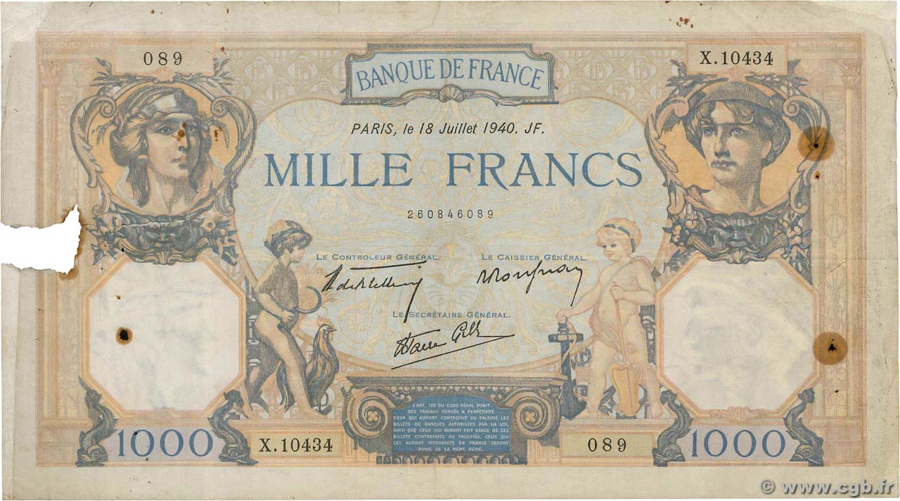 1000 Francs CÉRÈS ET MERCURE type modifié FRANCE  1940 F.38.50 B
