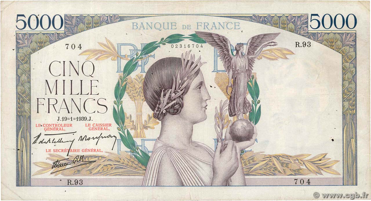 5000 Francs VICTOIRE Impression à plat FRANKREICH  1939 F.46.02 S