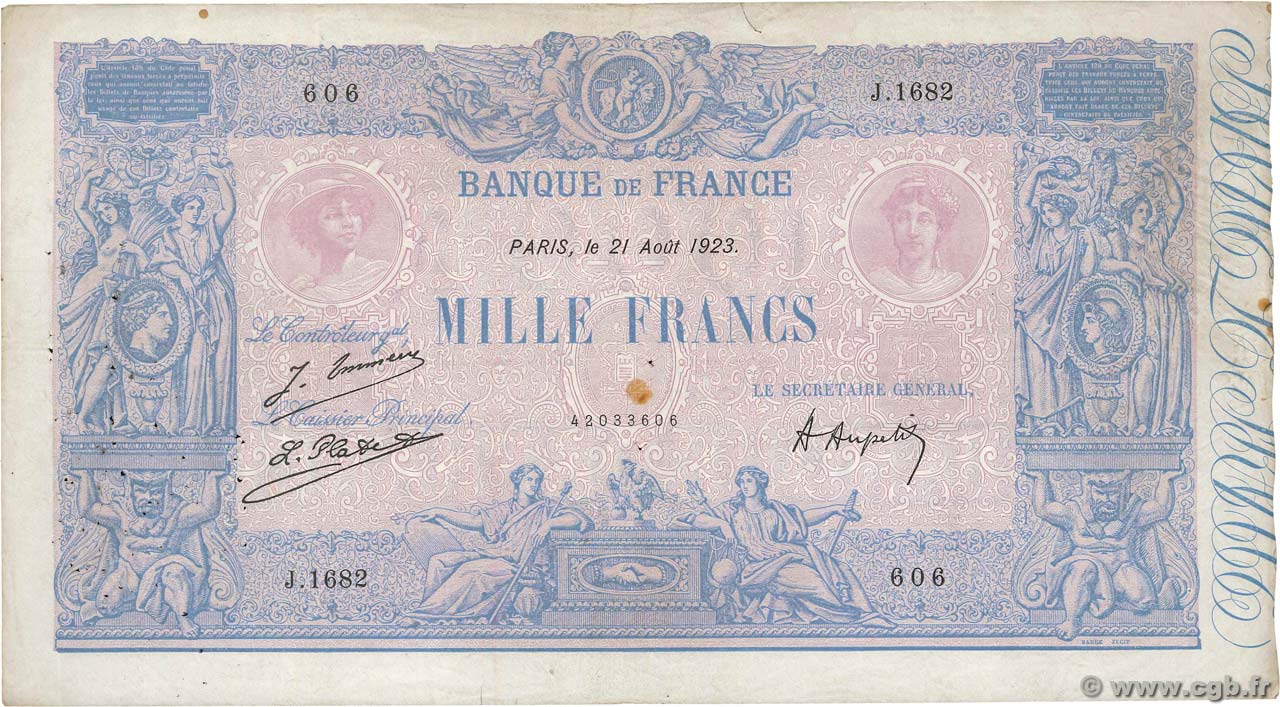 1000 Francs BLEU ET ROSE FRANCE  1923 F.36.39 TB