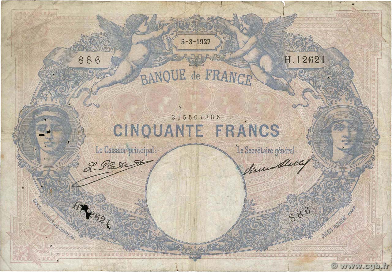 50 Francs BLEU ET ROSE FRANCE  1927 F.14.40 B