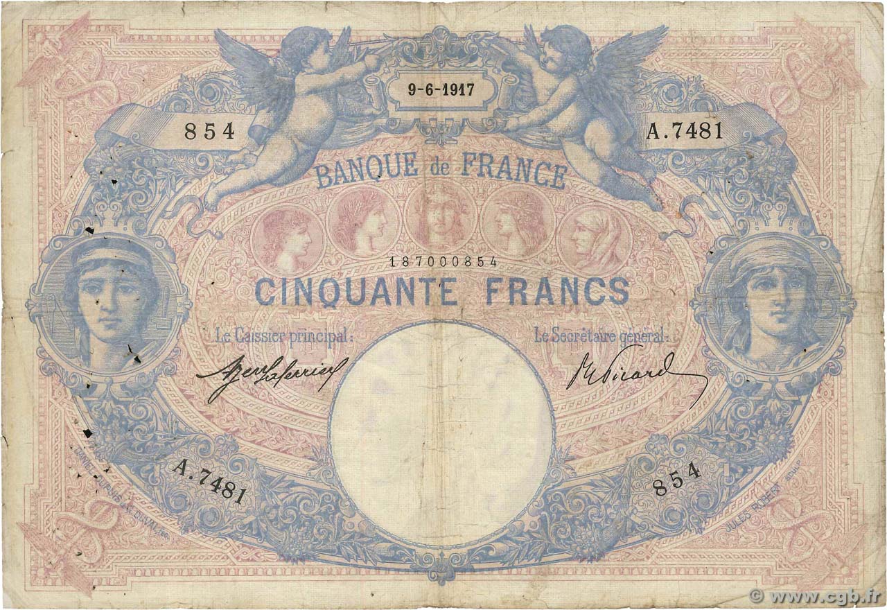 50 Francs BLEU ET ROSE FRANCE  1917 F.14.30 B+