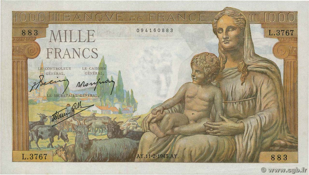 1000 Francs DÉESSE DÉMÉTER FRANCE  1943 F.40.18 SUP+