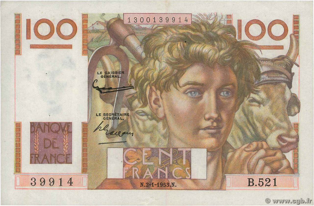 100 Francs JEUNE PAYSAN FRANCE  1953 F.28.35 TTB+