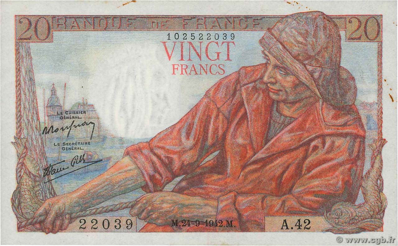 20 Francs PÊCHEUR FRANCE  1942 F.13.03 pr.SUP