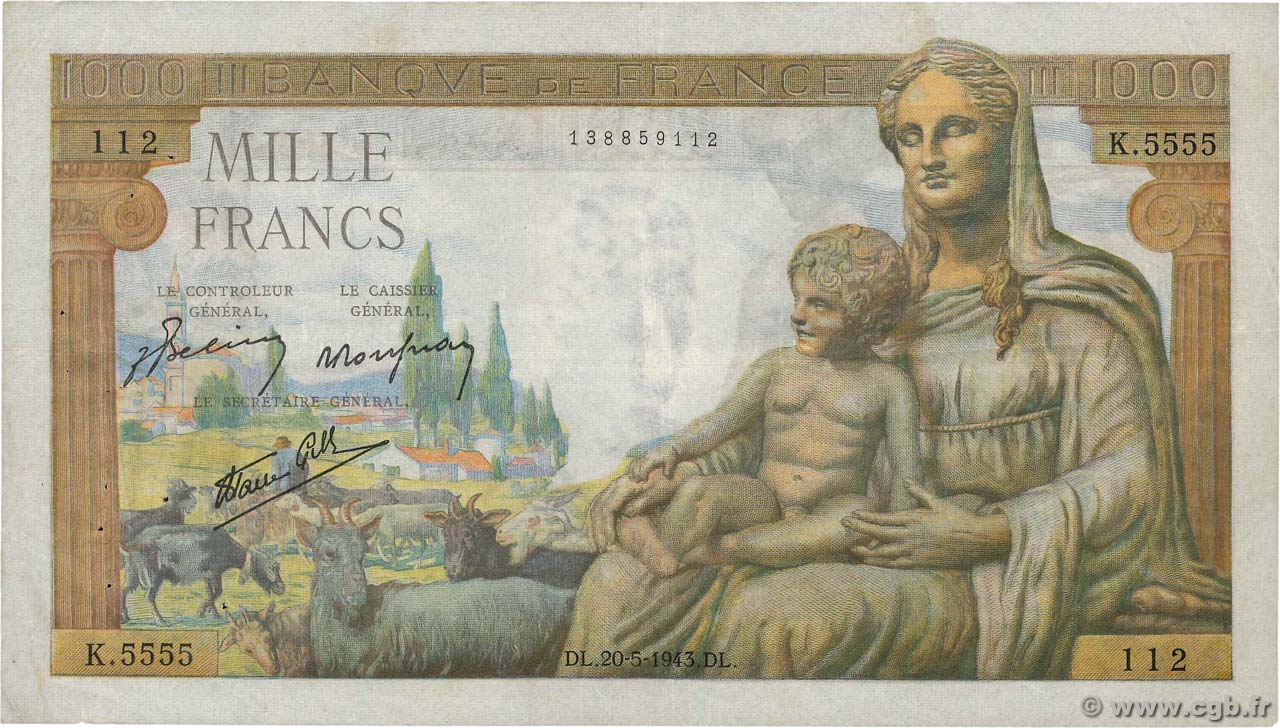 1000 Francs DÉESSE DÉMÉTER Numéro spécial FRANCE  1943 F.40.24 TB+