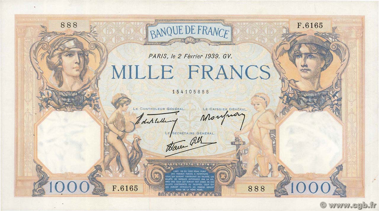 1000 Francs CÉRÈS ET MERCURE type modifié FRANCE  1939 F.38.34 TTB+