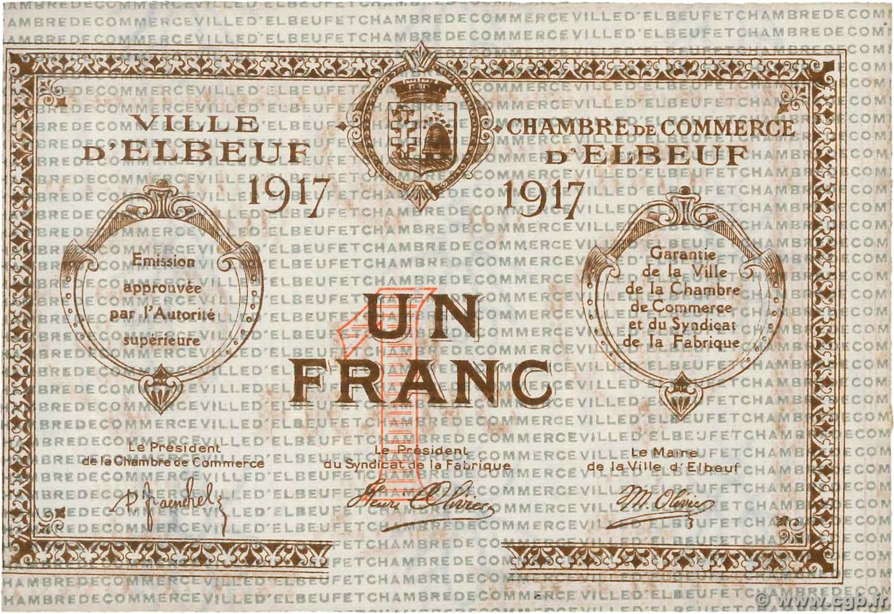 1 Franc Spécimen FRANCE régionalisme et divers Elbeuf 1917 JP.055.12 pr.NEUF