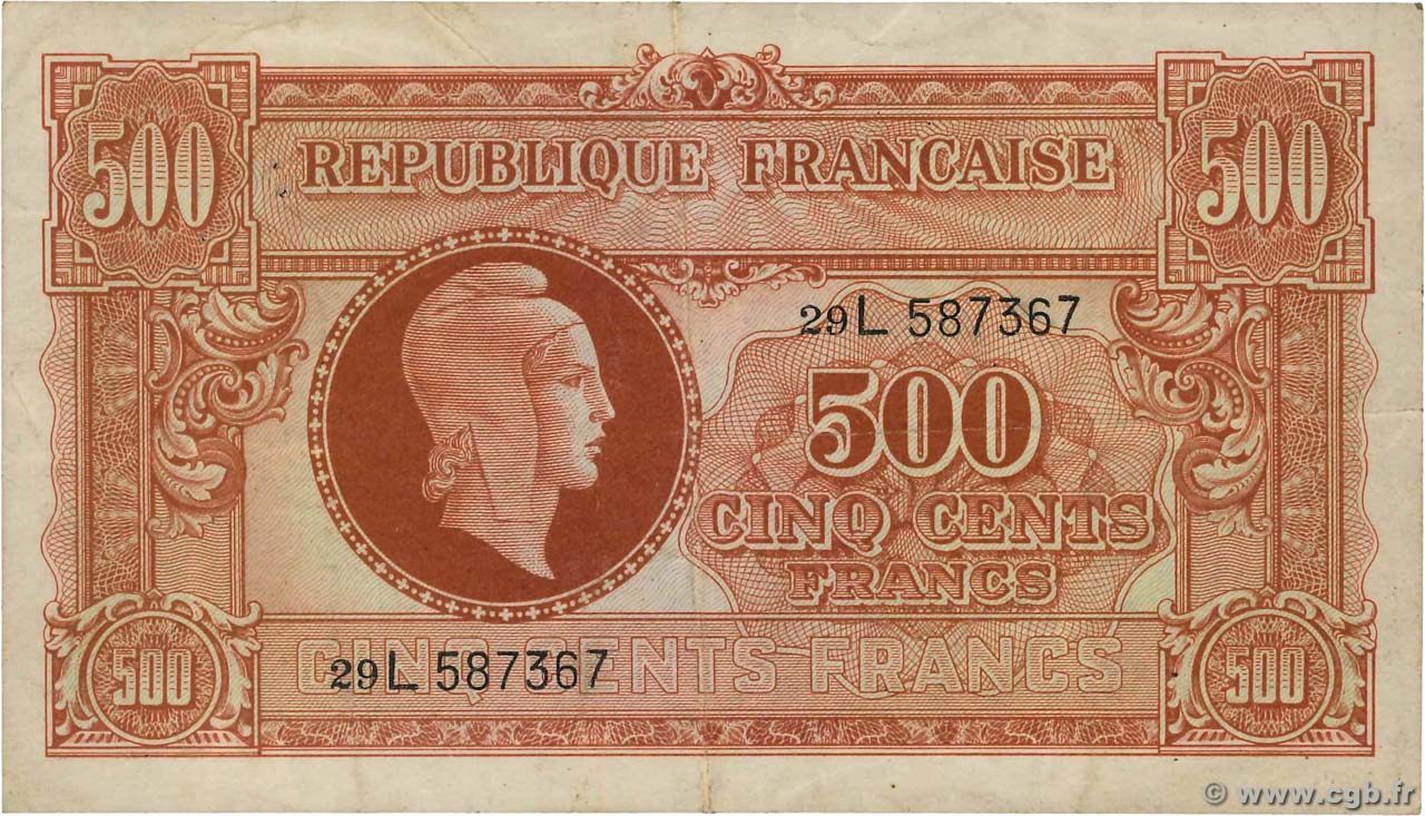 500 Francs MARIANNE fabrication anglaise FRANCE  1945 VF.11.01 VF-