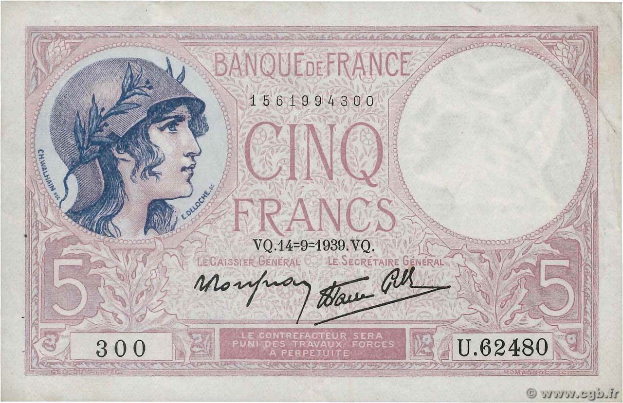 5 Francs FEMME CASQUÉE modifié FRANCIA  1939 F.04.08 BC+