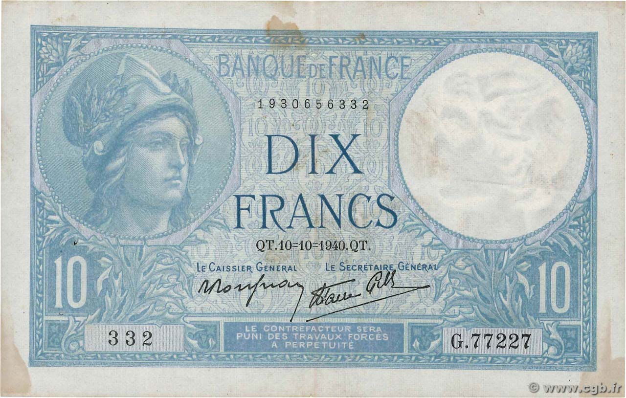 10 Francs MINERVE modifié FRANCE  1940 F.07.16 pr.TTB