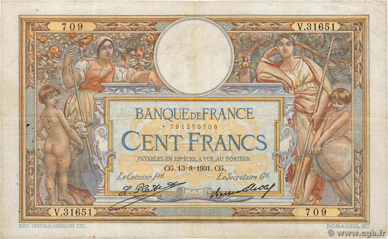 100 Francs LUC OLIVIER MERSON grands cartouches FRANCE  1931 F.24.10 pr.TB