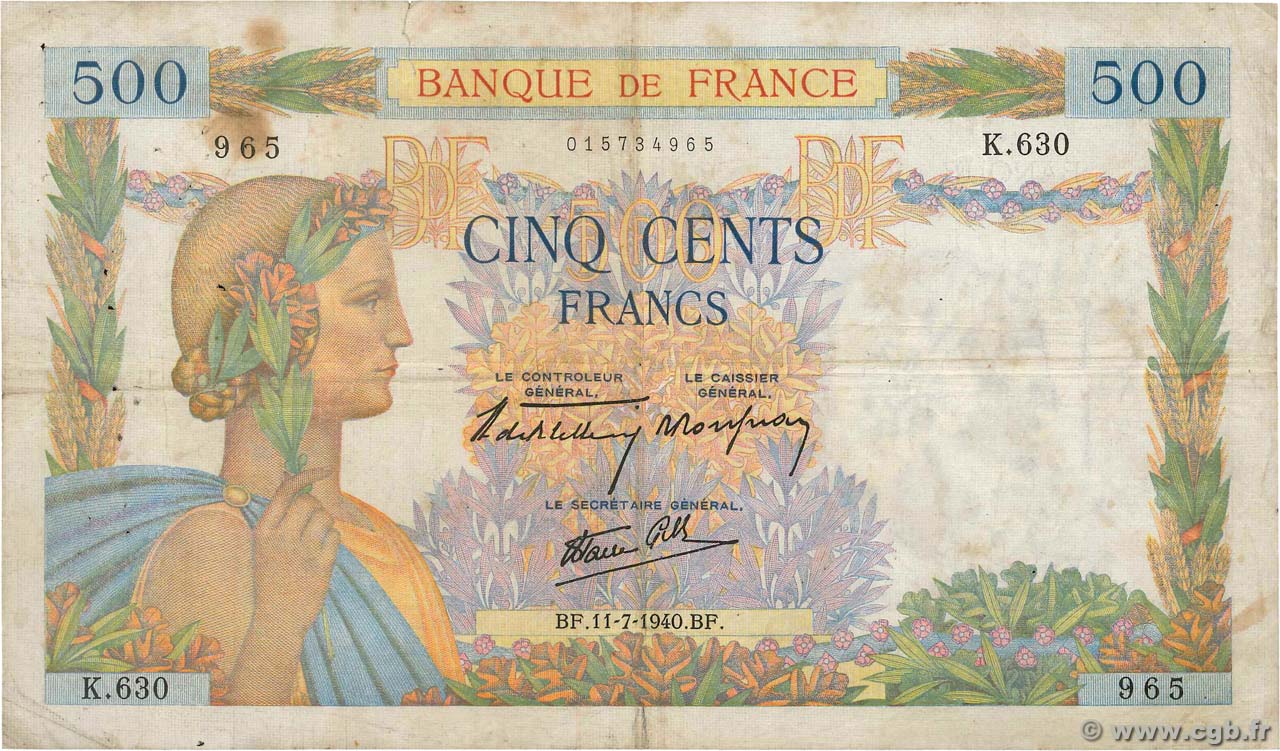 500 Francs LA PAIX FRANCE  1940 F.32.04 VG