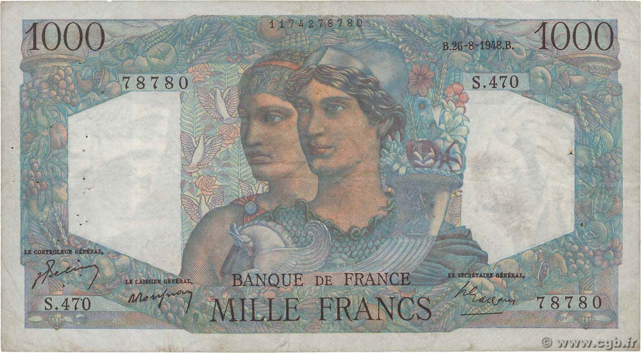 1000 Francs MINERVE ET HERCULE FRANKREICH  1948 F.41.23 fS