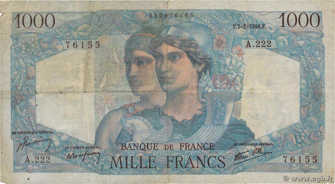 1000 Francs MINERVE ET HERCULE FRANCE  1946 F.41.12 VG