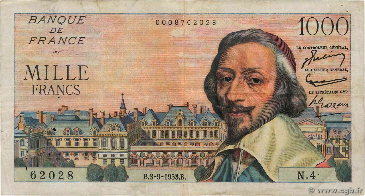 1000 Francs RICHELIEU FRANCE  1953 F.42.02 TB
