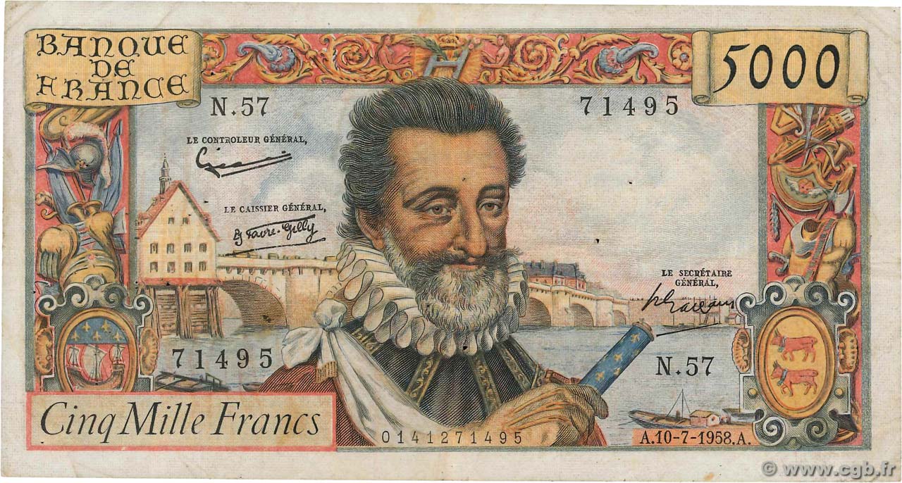 5000 Francs HENRI IV FRANCE  1958 F.49.07 TB
