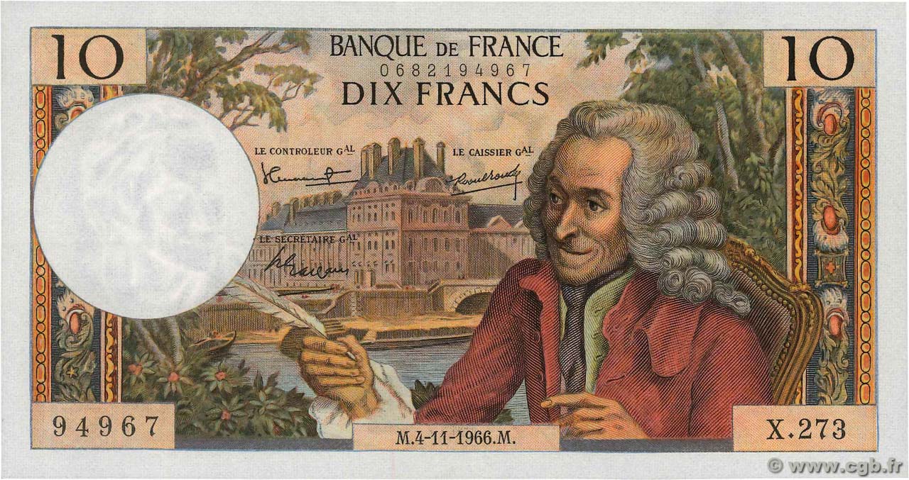10 Francs VOLTAIRE FRANCE  1966 F.62.23 XF