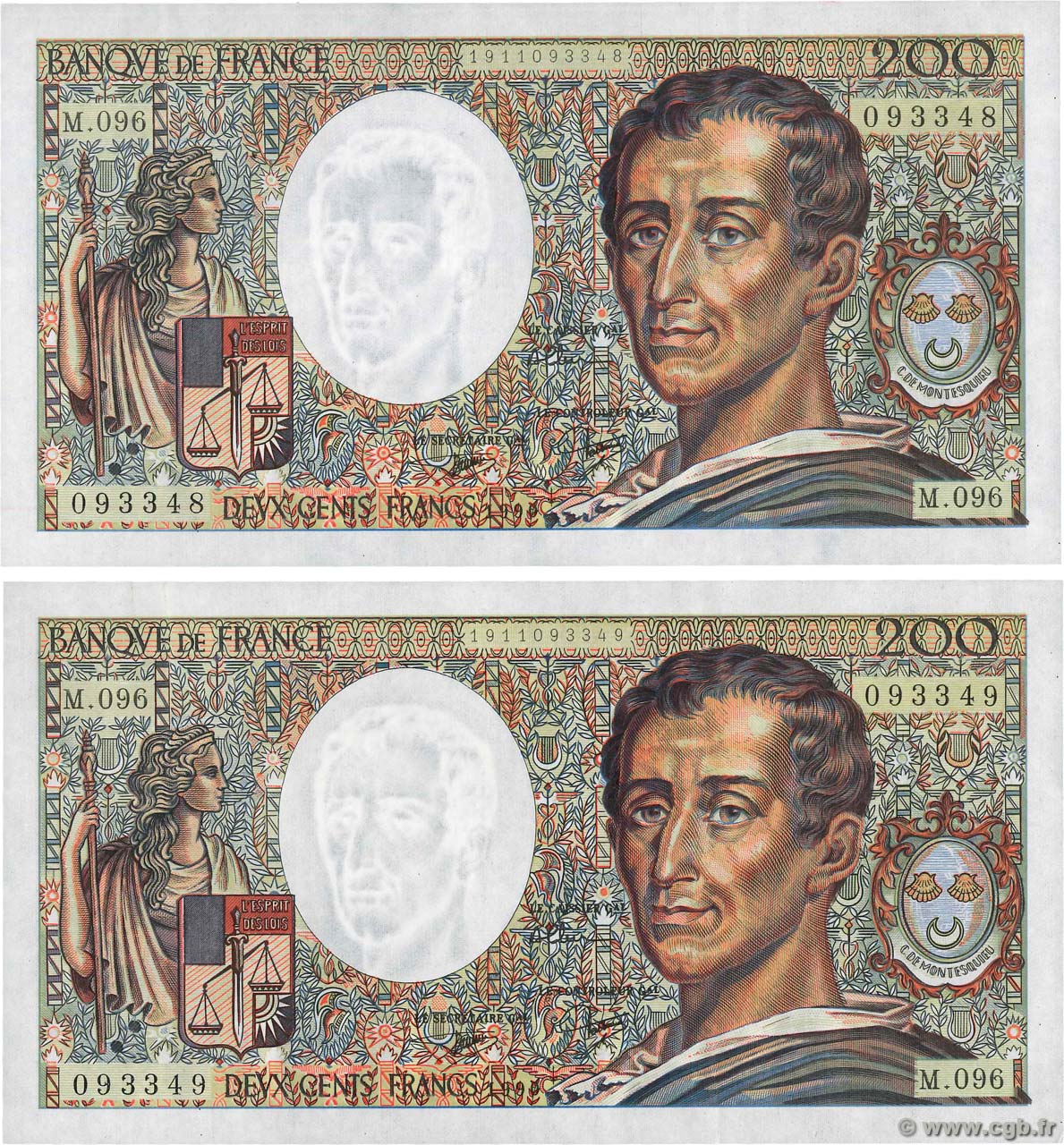 200 Francs MONTESQUIEU Consécutifs FRANCE  1990 F.70.10b pr.SPL