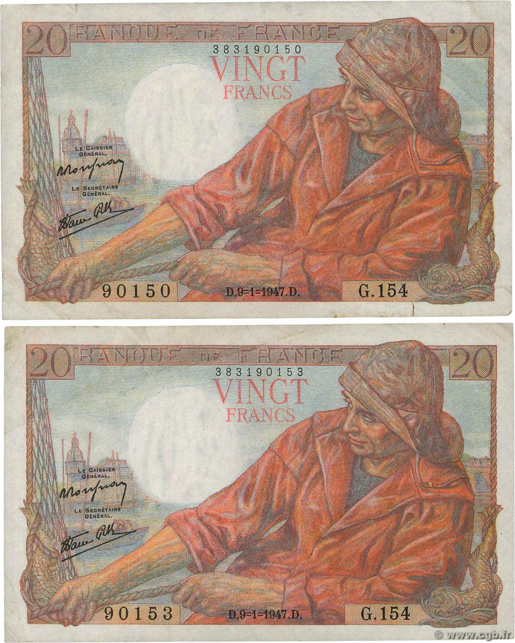 20 Francs PÊCHEUR Lot FRANCIA  1947 F.13.11 MB