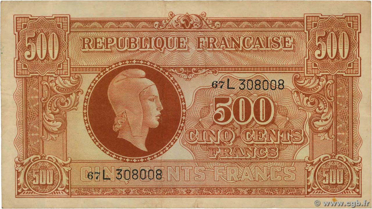 500 Francs MARIANNE fabrication anglaise FRANCIA  1945 VF.11.01 MB