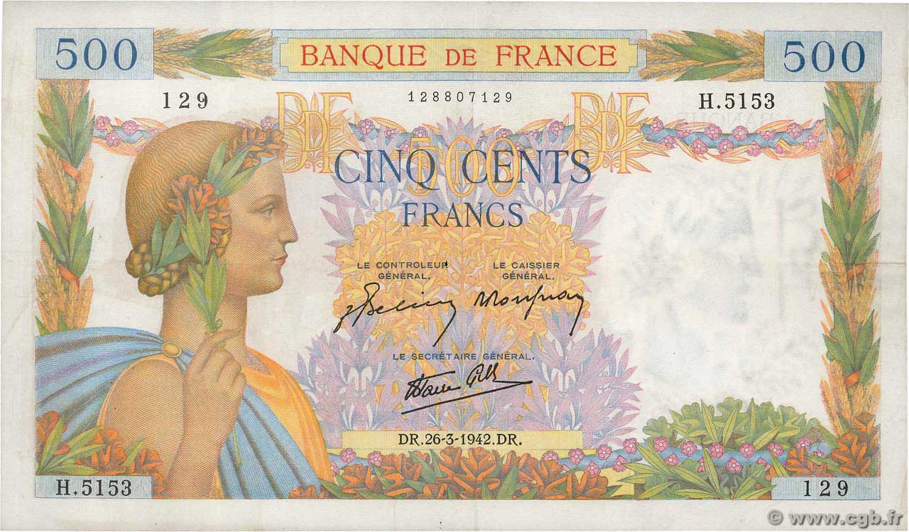 500 Francs LA PAIX FRANCIA  1942 F.32.32 q.BB