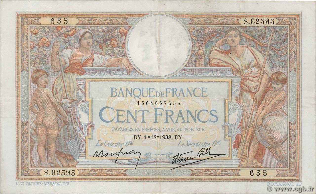 100 Francs LUC OLIVIER MERSON type modifié FRANCE  1938 F.25.35 pr.TTB