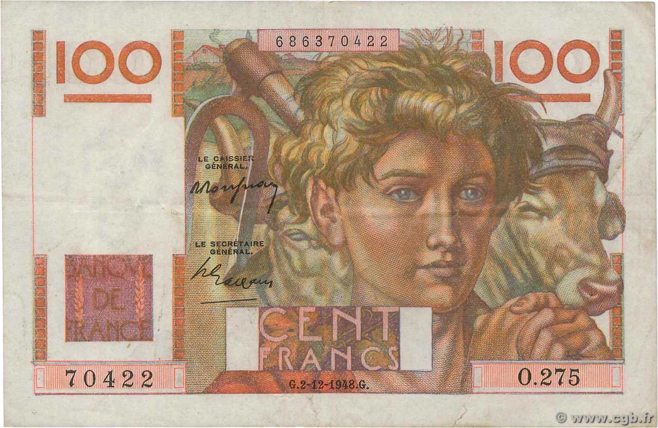 100 Francs JEUNE PAYSAN FRANCE  1948 F.28.20 TB+