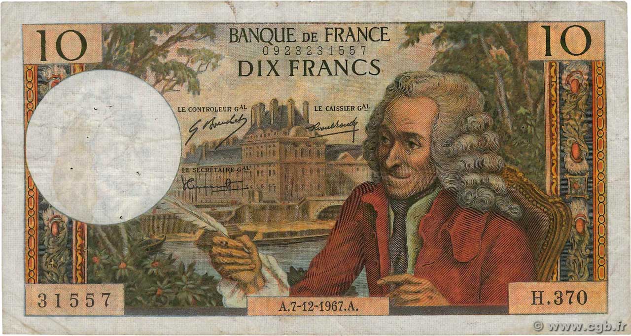 10 Francs VOLTAIRE FRANCE  1967 F.62.30 pr.TB