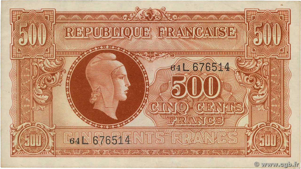 500 Francs MARIANNE FRANCE  1945 VF.11.01 TTB