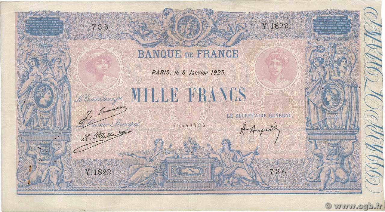 1000 Francs BLEU ET ROSE FRANCIA  1925 F.36.41 BC