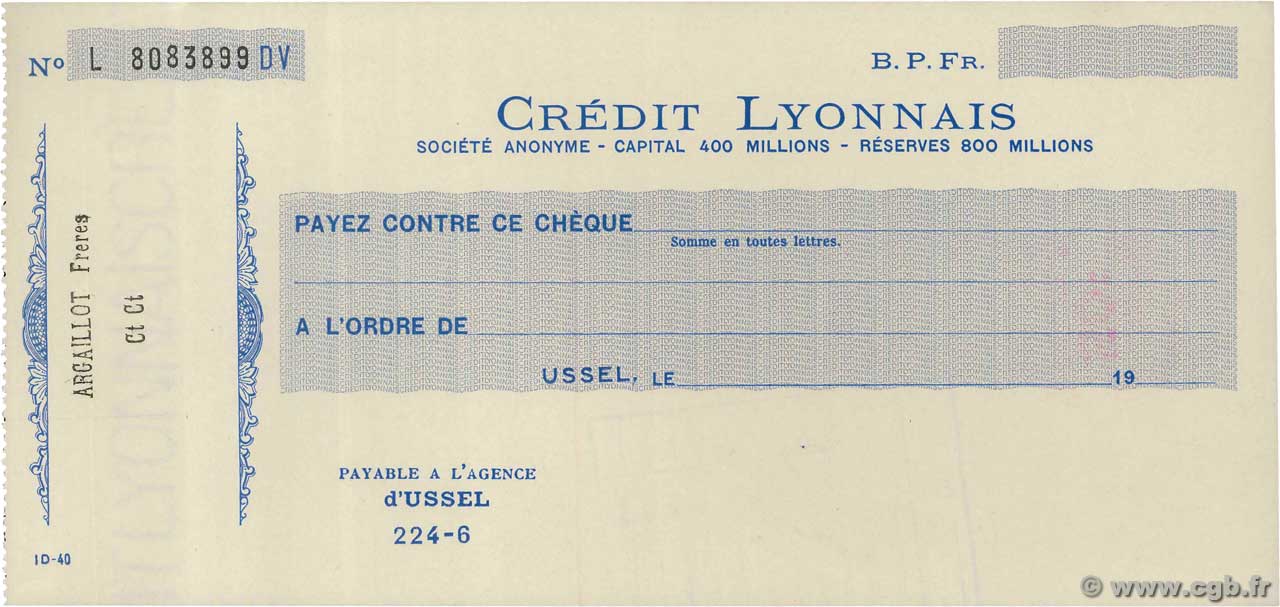 Francs FRANCE regionalismo y varios Ussel 1930 DOC.Chèque EBC