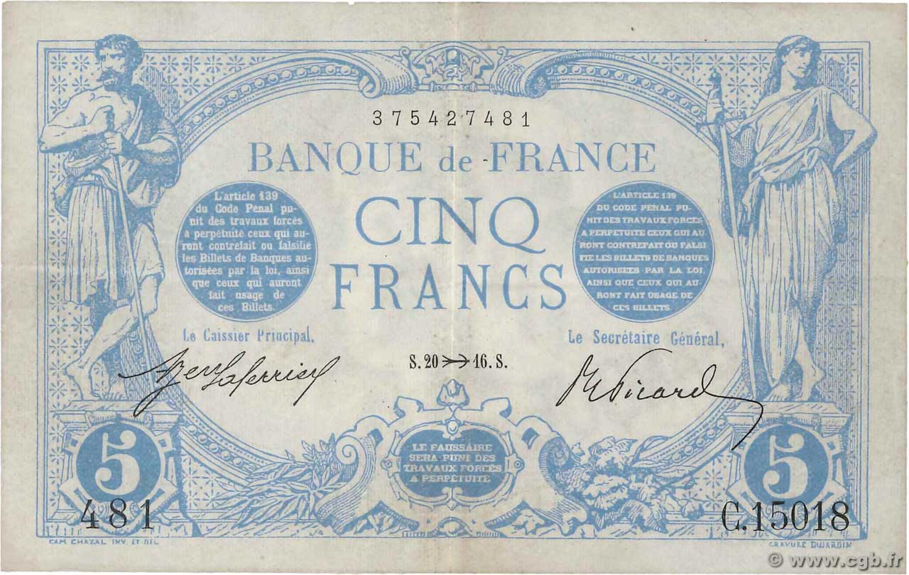 5 Francs BLEU FRANCE  1916 F.02.45 VF