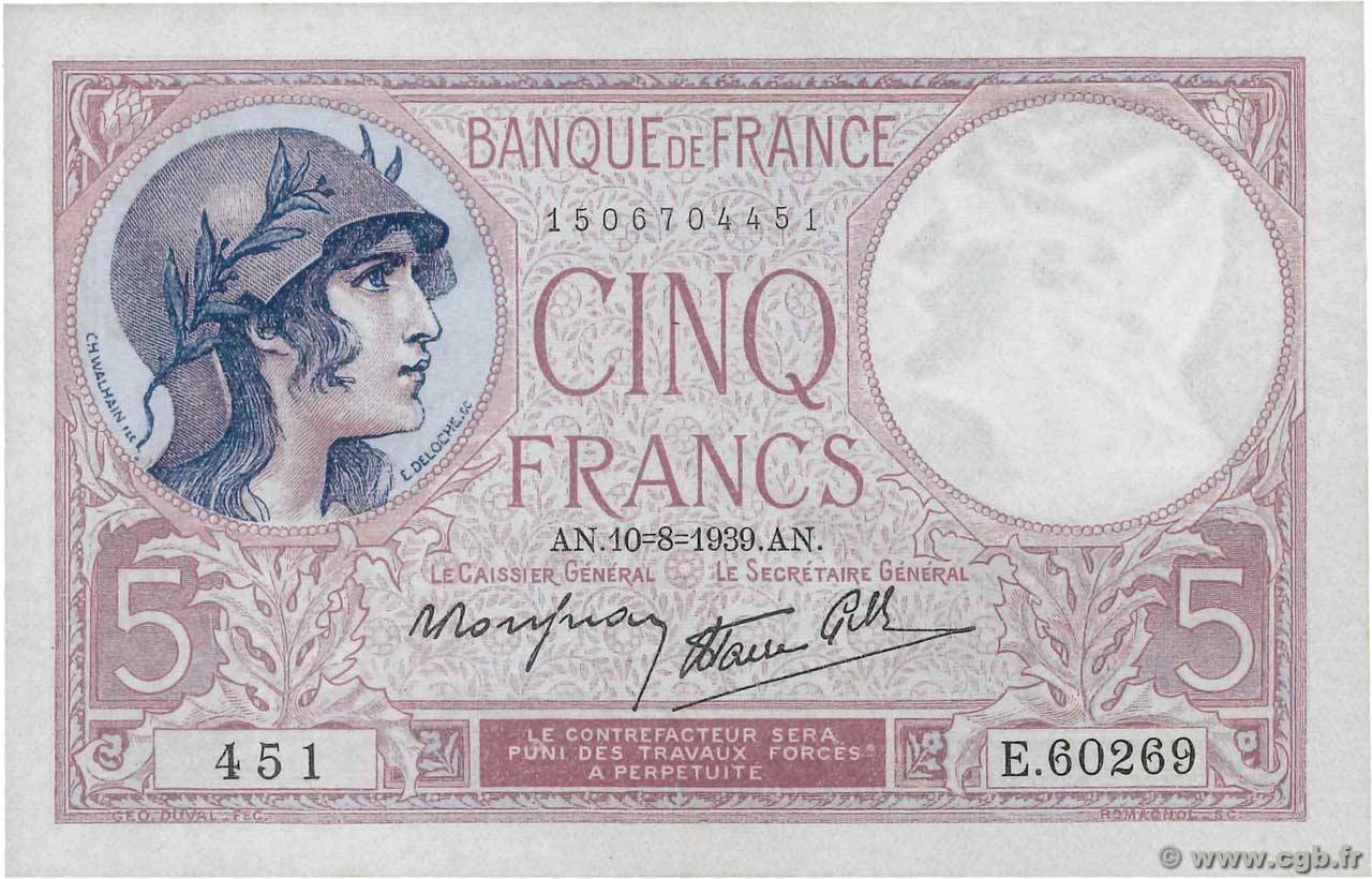 5 Francs FEMME CASQUÉE modifié FRANKREICH  1939 F.04.05 VZ+