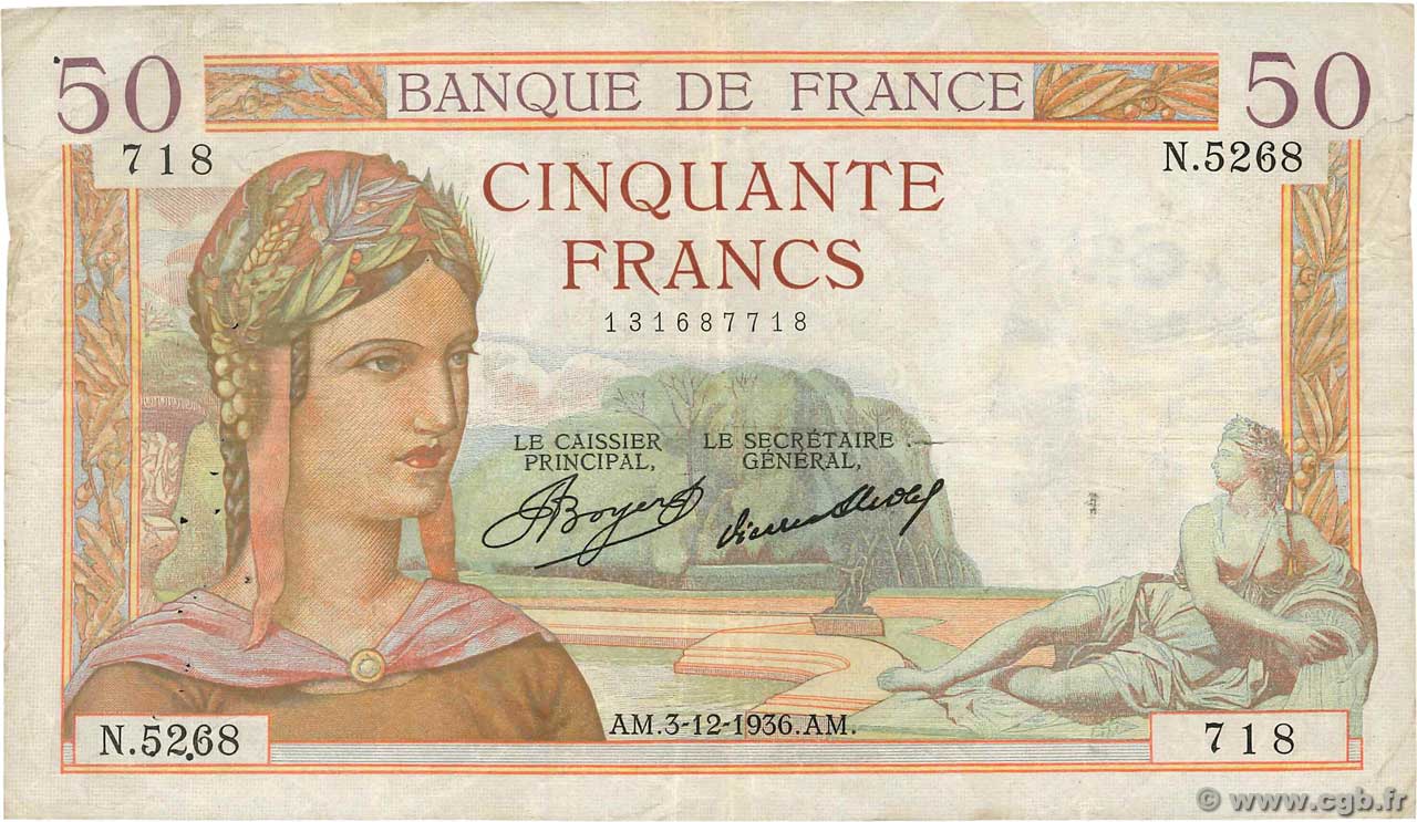 50 Francs CÉRÈS FRANCE  1936 F.17.32 TB
