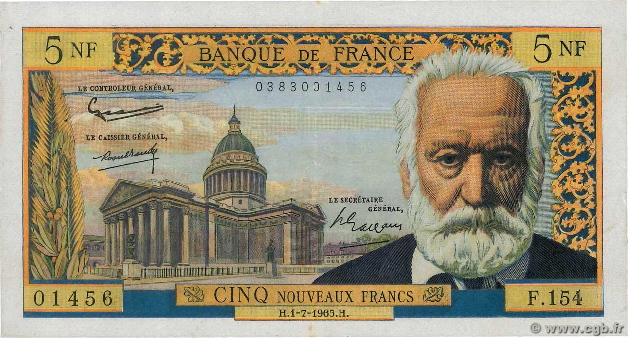 5 Nouveaux Francs VICTOR HUGO FRANCIA  1965 F.56.19 BB