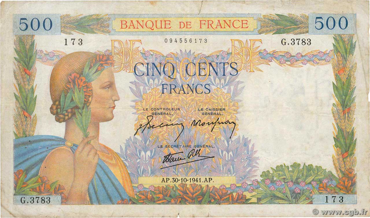 500 Francs LA PAIX FRANCE  1941 F.32.23 pr.TB