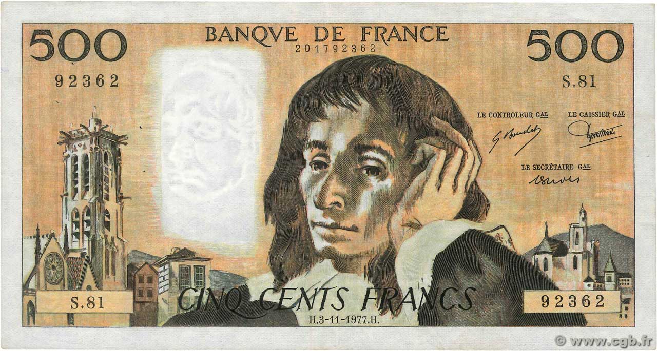 500 Francs PASCAL FRANCIA  1977 F.71.17 BC+