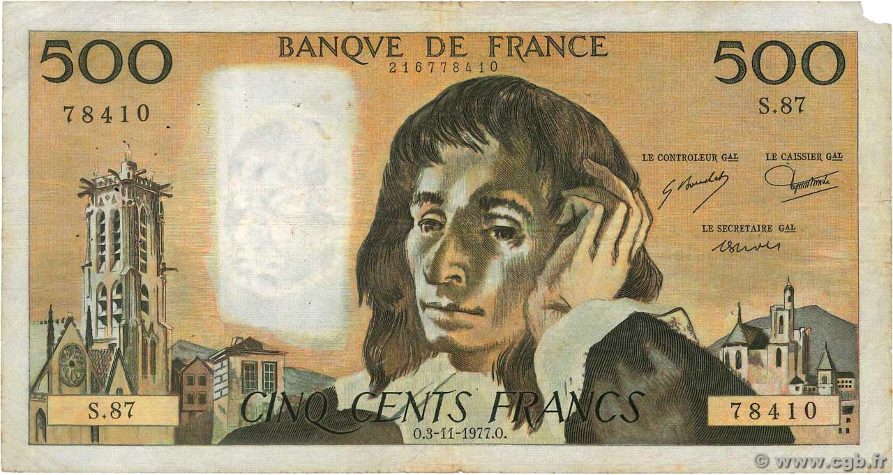 500 Francs PASCAL FRANCE  1977 F.71.17 B+
